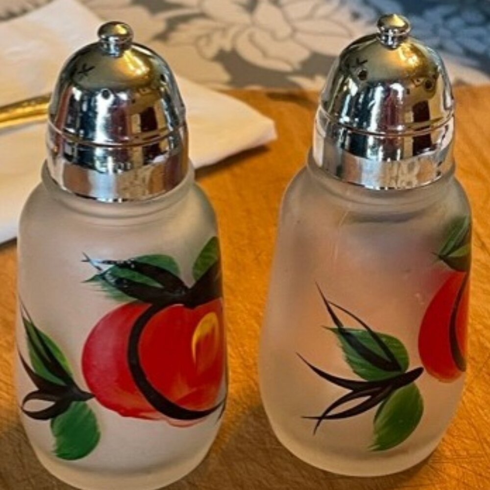 Colorful Vintage Frosted Glass Salt and Pepper Shakers with Fruit - Picture 7 of 10